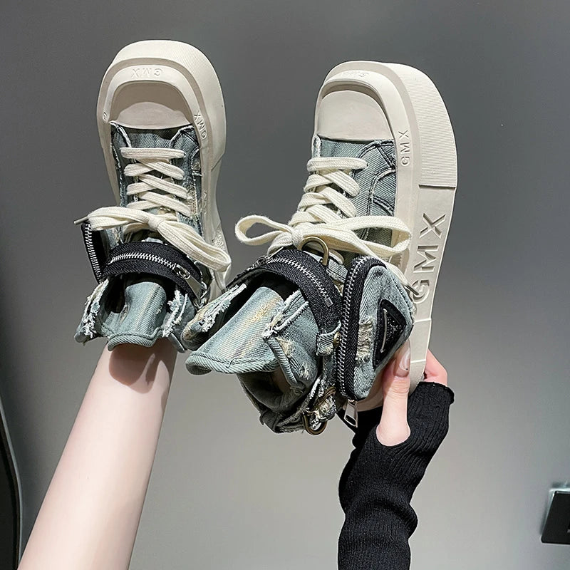 New Women's Ankle Boots Fashion Cowboy Knight Boot Punk Gothic Classic Denim Canvas Shoes Short Goth Platform Shoes