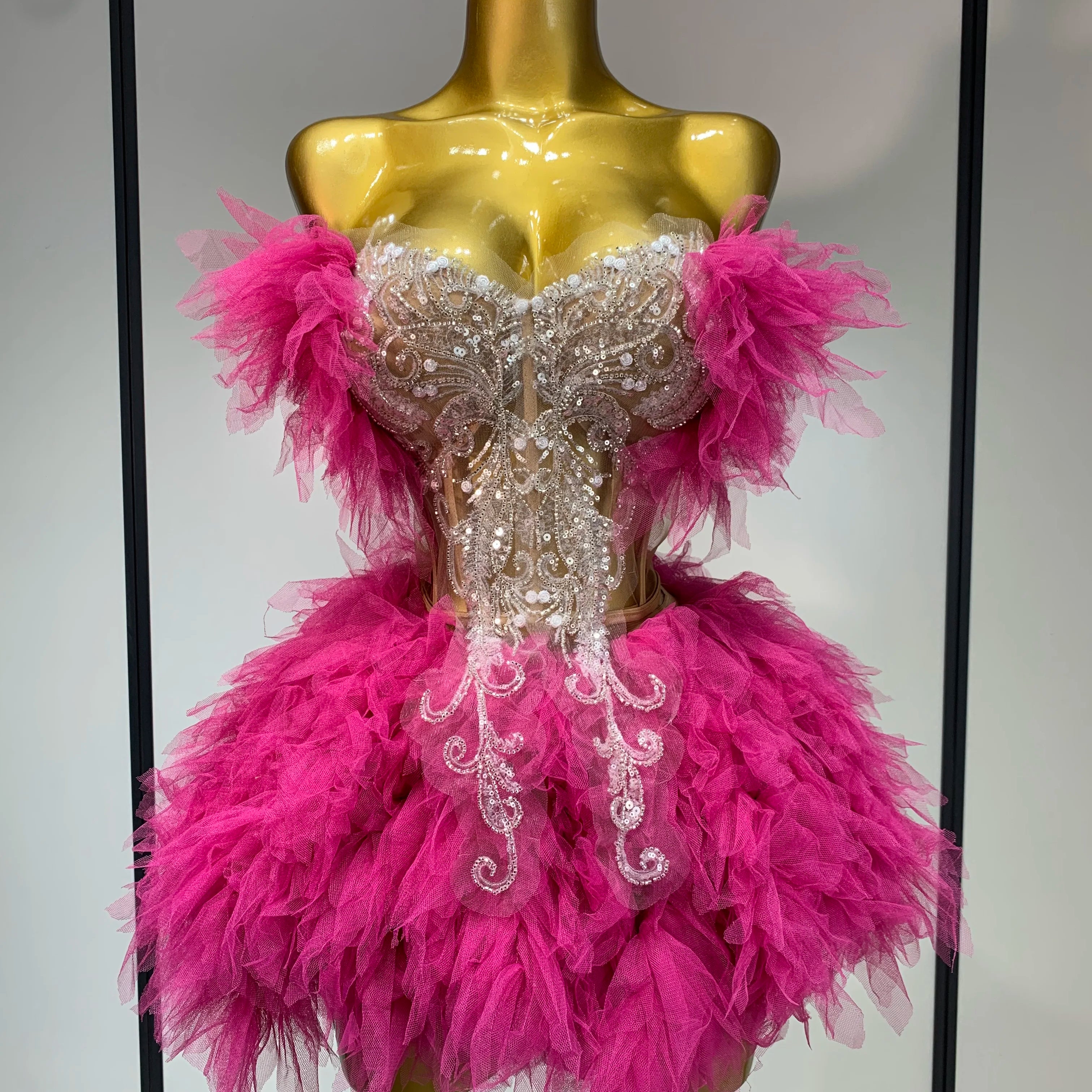 Women Sexy Strapless Mini Two Pieces Set Luxury Birthday Evening Party Dress Bar Nightclub Singer Dancer Stage Outfit