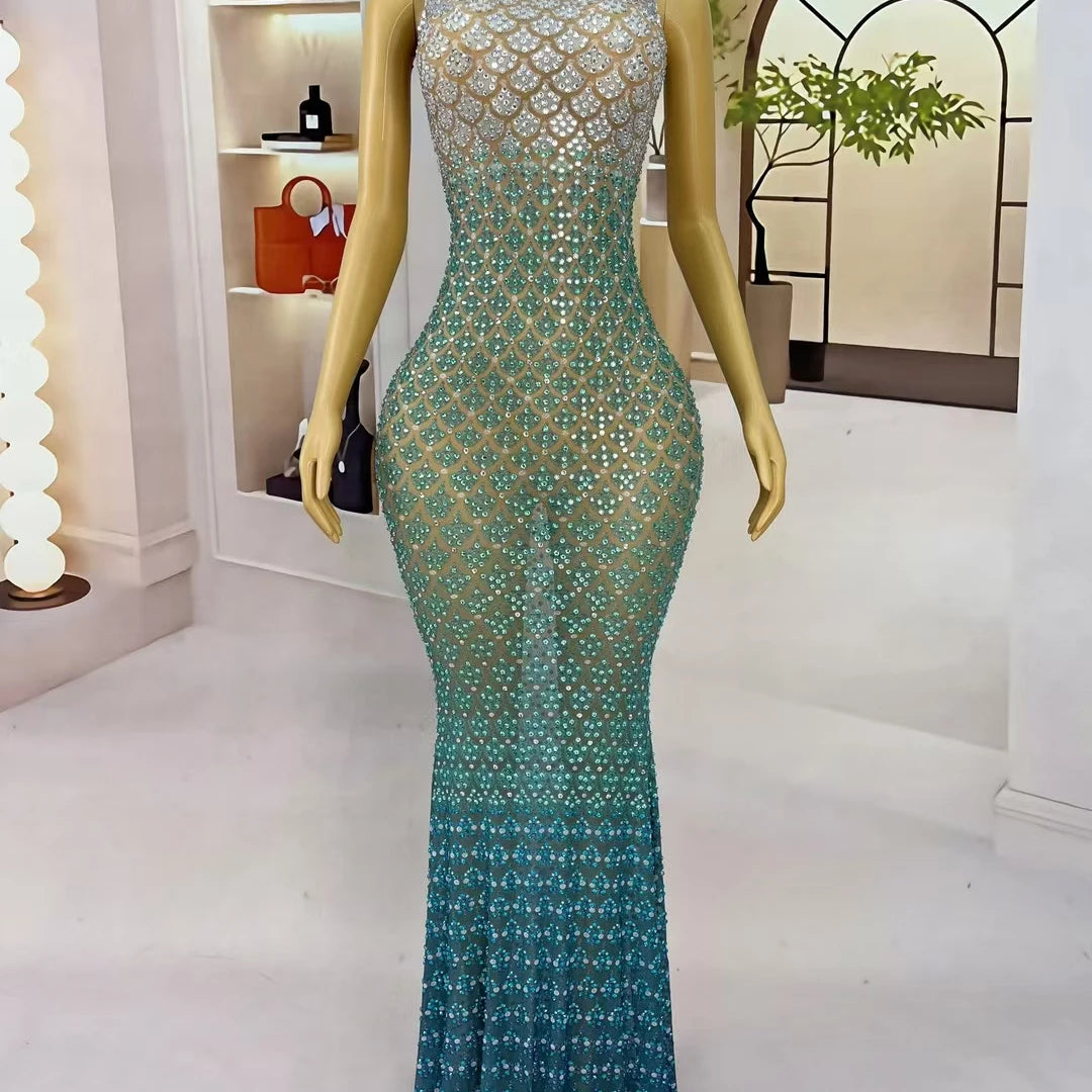 Trendy Gradient Sparkling Crystal  Sheer Mesh Long Dress Sexy High-end Skinny Evening Dress Birthday Night Party Outfit Qingshe