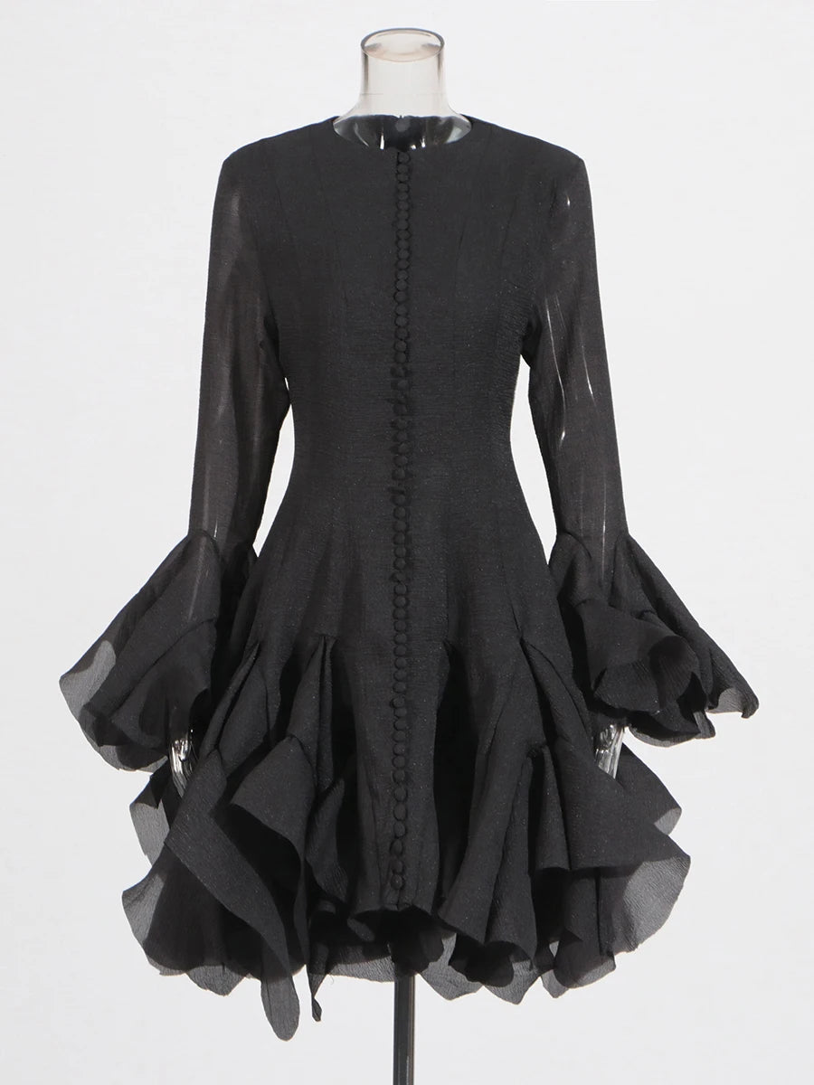 TWOTWINSTYLE Solid Spliced Button Slimming Dresses For Women O Neck Long Sleeve High Waist Patchwork Ruffles Female Fashion