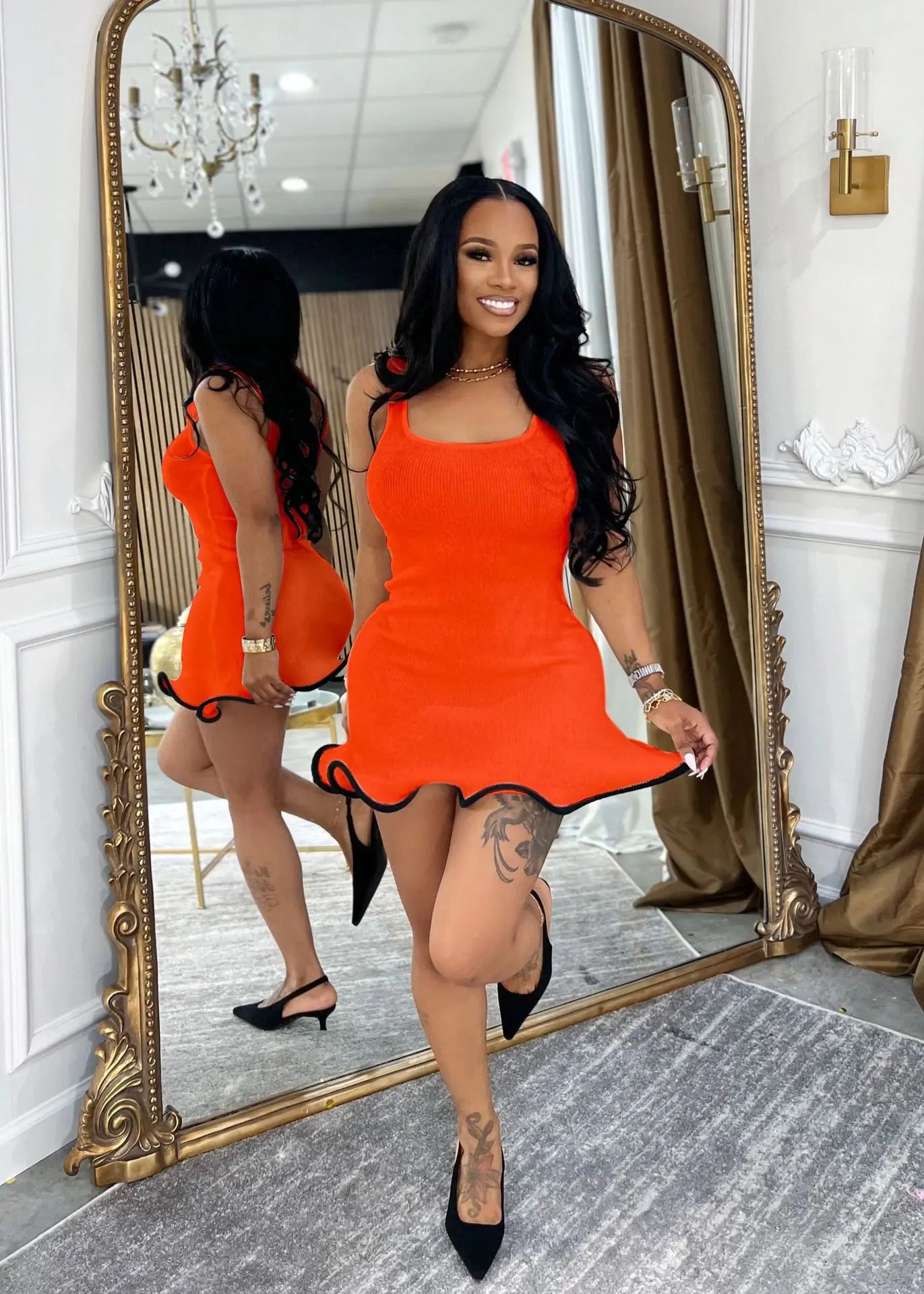 CM.YAYA Women Sleeveless O-neck Tank Mini Dress 2025 Summer Slim Sexy Sweet Club Party Evening High Street Ruffles Dresses ORANGE RED