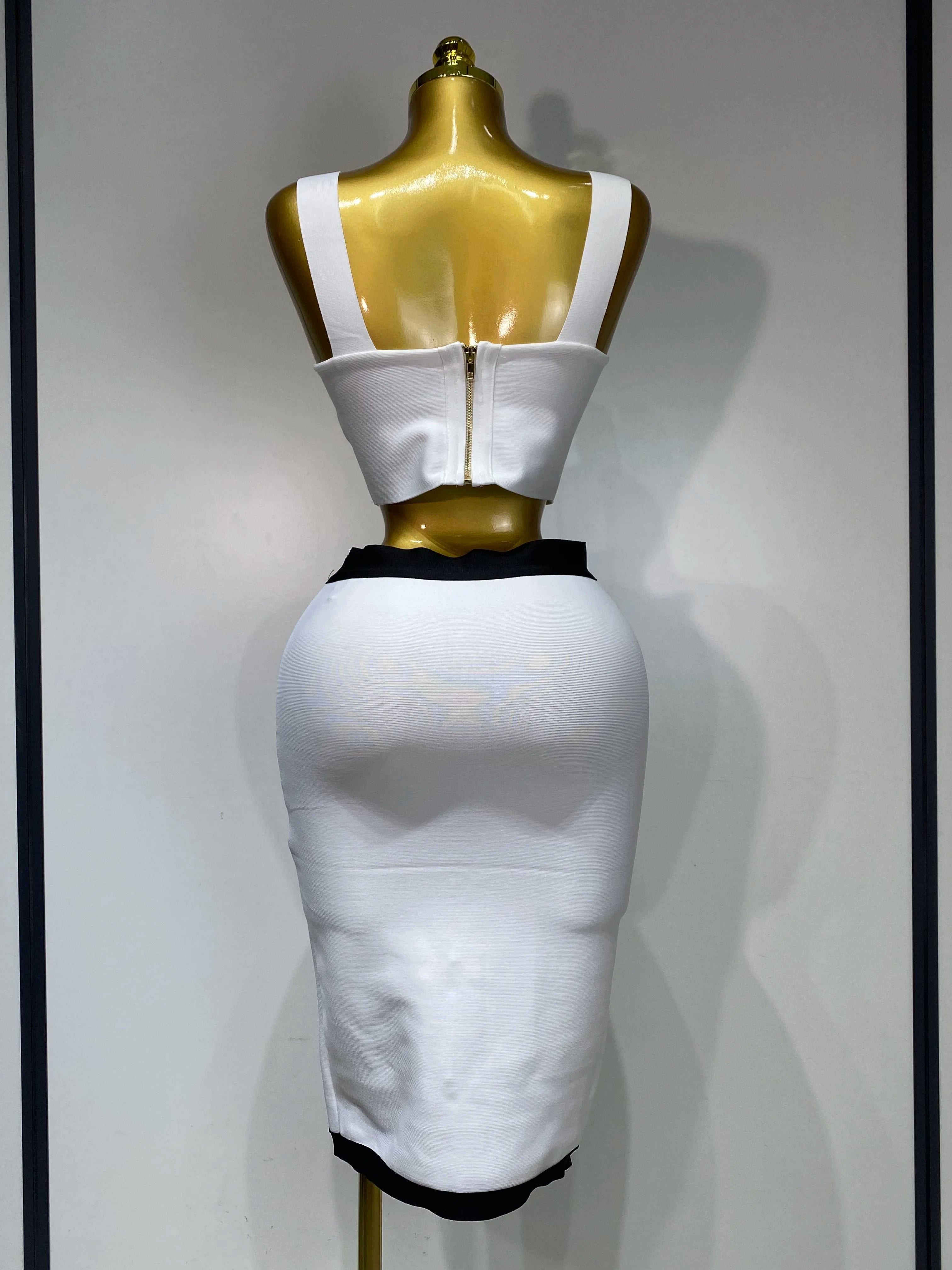 Women Button Patchwork White Black Bodycon Bandage Two Piece Set 2025 New Arrival Designer High Waist Party Club Skirt Set