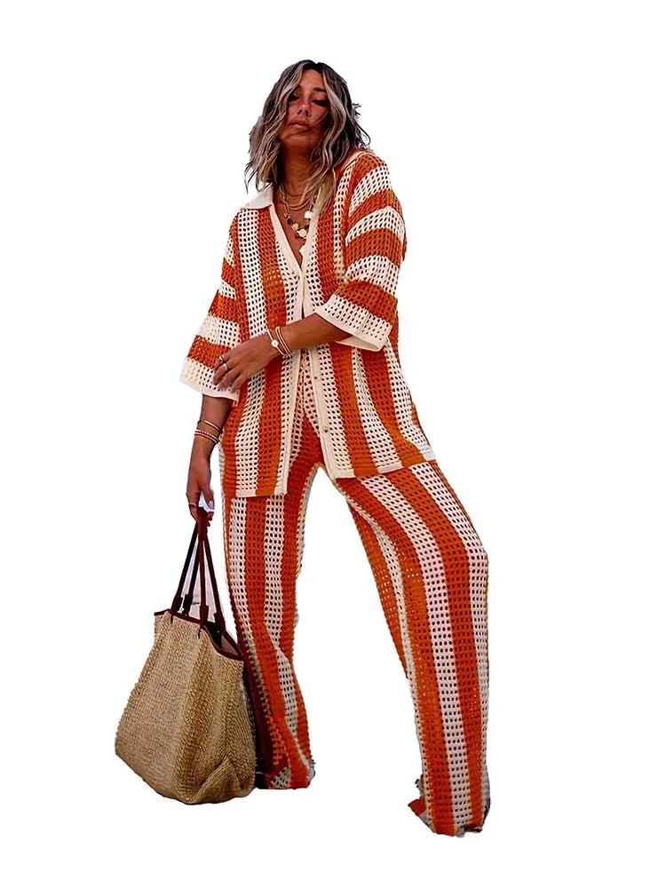 Summer Outfits for Women Vacation Hollow Out Sweater Shirt and Trouser Lady Casual Sexy Plus Size Sets 2 Piece Pants Sets Wide