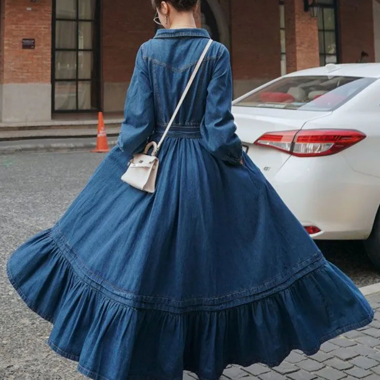 Dresses for Women Autumn Winter Fashion Versatile Women's Clothing French Retro Denim Robe Solid Large Skirt Hem Long Dress