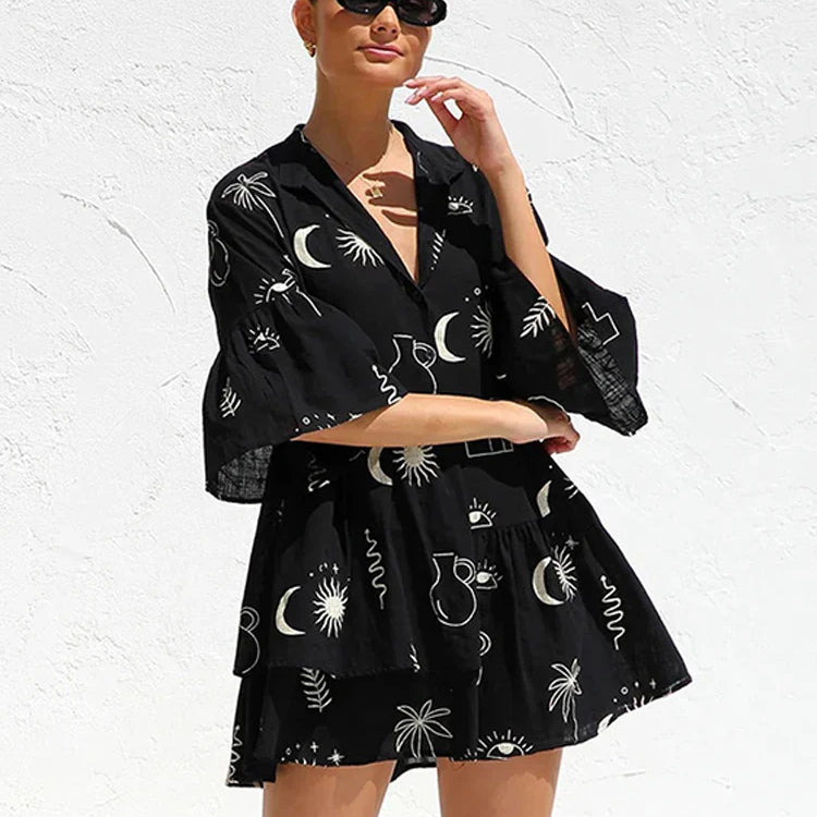Print Flare Sleeve Ruffled Mini Women's Dress Elegant Shirt Collar Button Vestidos Spring Casual Loose Beach Female Dresses Figure Color