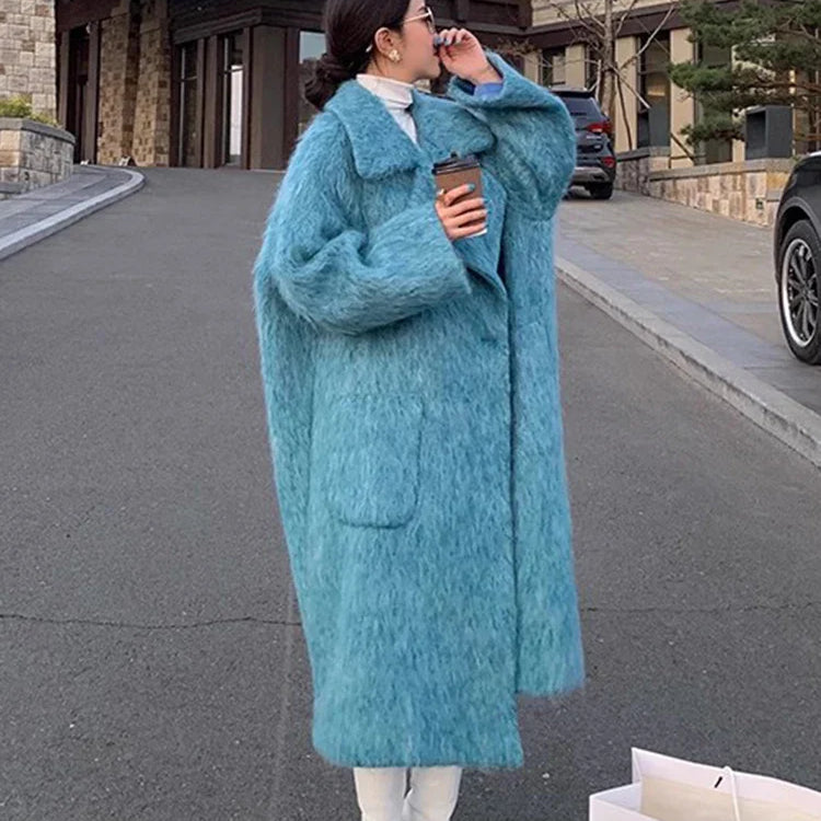 Winter Long Blue Fluffy Oversized Warm Wool & blends Coat for Women Single Button Pockets Luxury Clothes Woolen Overcoat blue One Size
