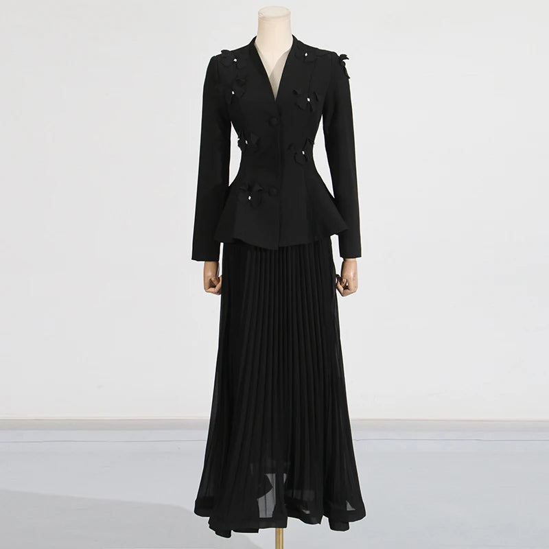 TWOTWINSTYLE Solid Two Piece Sets for Women V Neck Ling Sleeves Spliced Applique Top High Waist Patchwork Folds Skirt Set Female