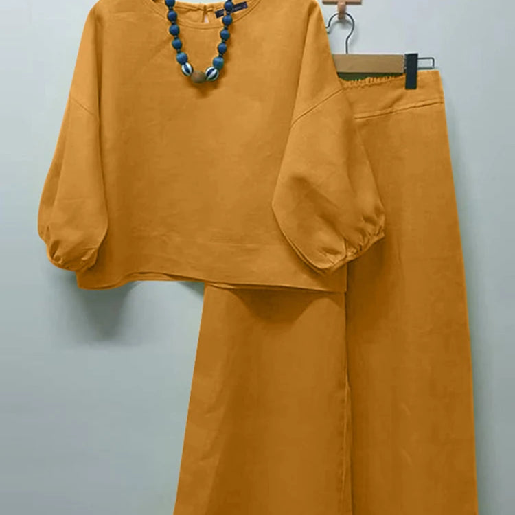 Summer Matching Sets 2PCS Women Urban Tracksuits 3/4 Sleeve O Neck Blouse & Wide Leg Pant Sets Holiday Suit Outfits