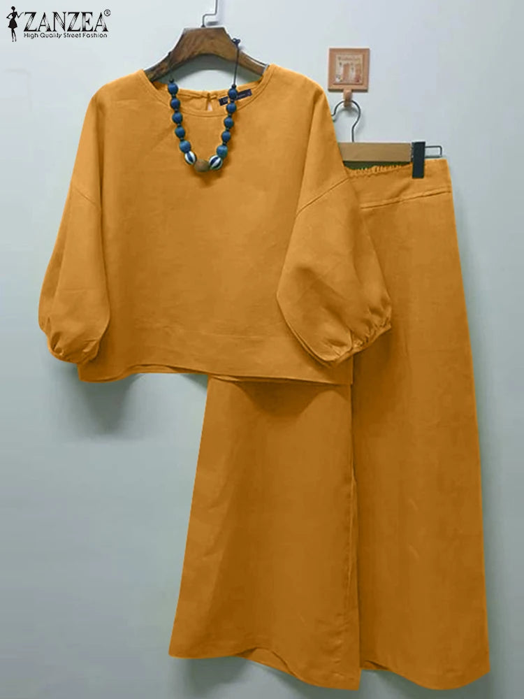 Summer Matching Sets 2PCS Women Urban Tracksuits 3/4 Sleeve O Neck Blouse & Wide Leg Pant Sets Holiday Suit Outfits