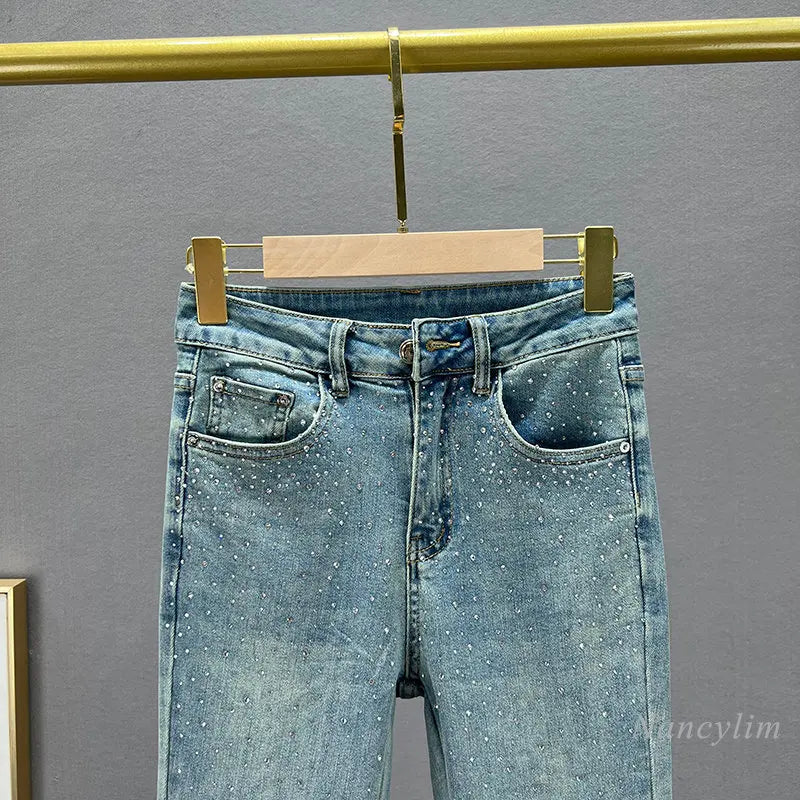 Skinny Jeans for Women Spring Cloth New High Waist Slimming Heavy Embroidery Hot Drilling Denim Pants Long Trousers