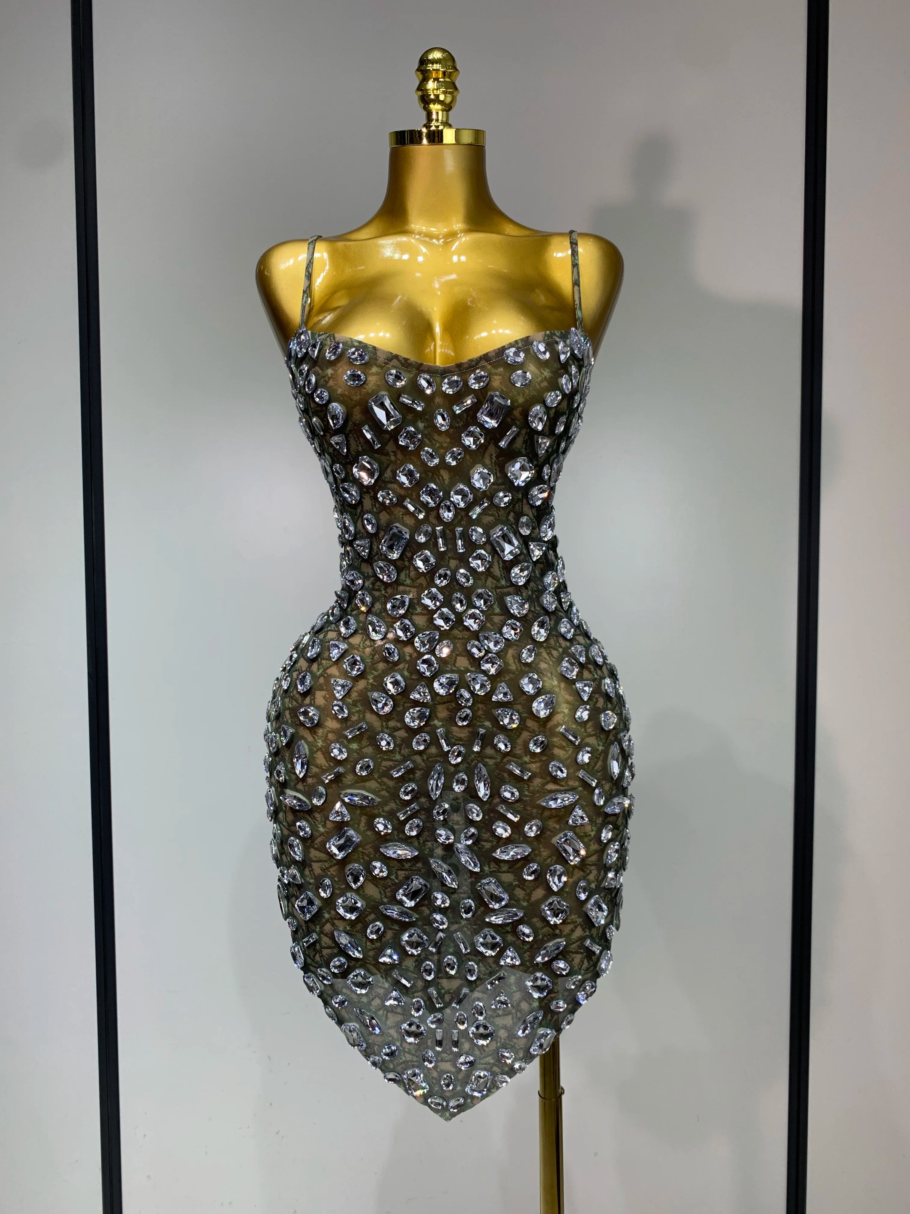 Luxury Diamond Mesh See Through Stretch Bodycon Dress Women Sexy Sleeveless Evening Party Birthday Celebrate Perform Costume