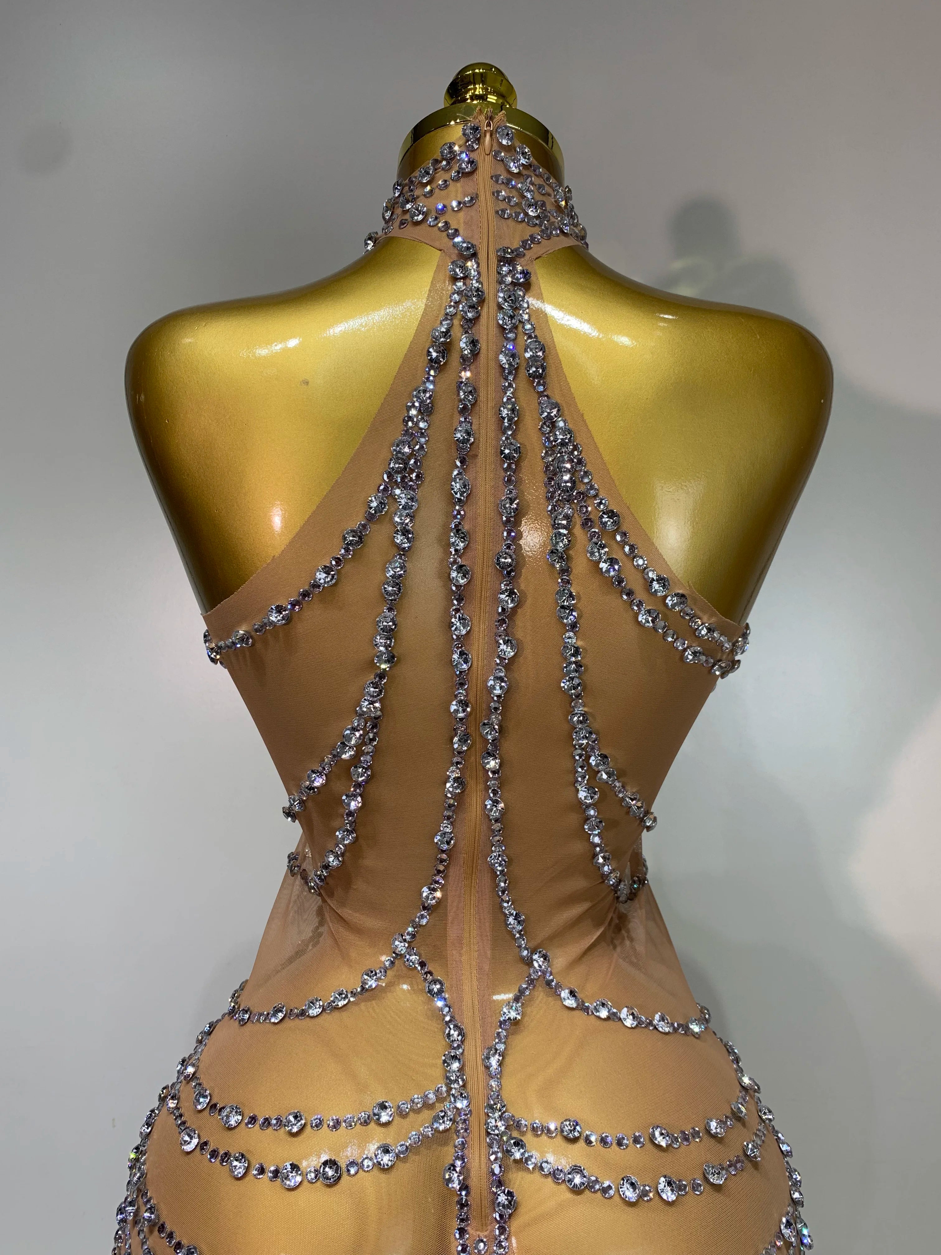 Luxury Rhinestone Sparkly Sexy Transparent Mesh Long Dress 2025 Women Birthday Party Gown Stage Singer Performance Costume