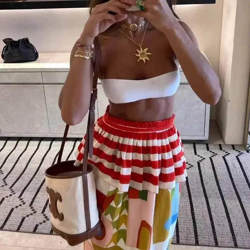 TRAF Print Skirts Women Summer Midi Skirt Ruffle Dress Elastic Waist Skirts Luxury Elegant Women's Skirts Aesthetic Skirts