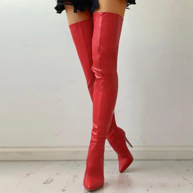 High Heels Red Women Over The Knee Boots With Back Zip Pointed Toe Big Size 46 Stiletto Thigh High Boots Lady Shoes Red