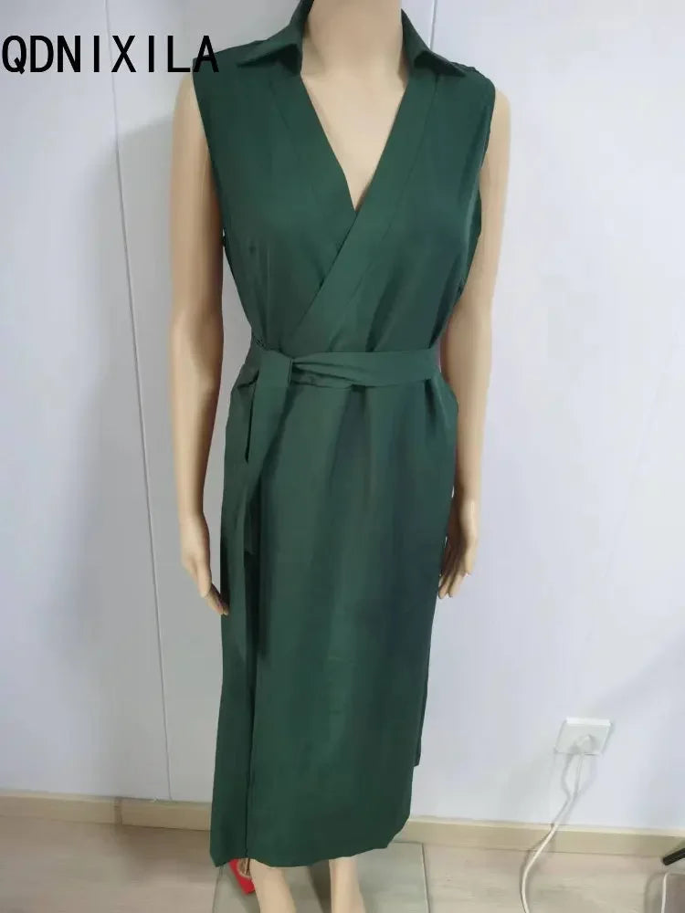 Elegant Chic Shirt Dress Summer New Fashion Sleeveless Sexy Dress V-neck Buttock Dress for Women Office Ladies Party Sundress