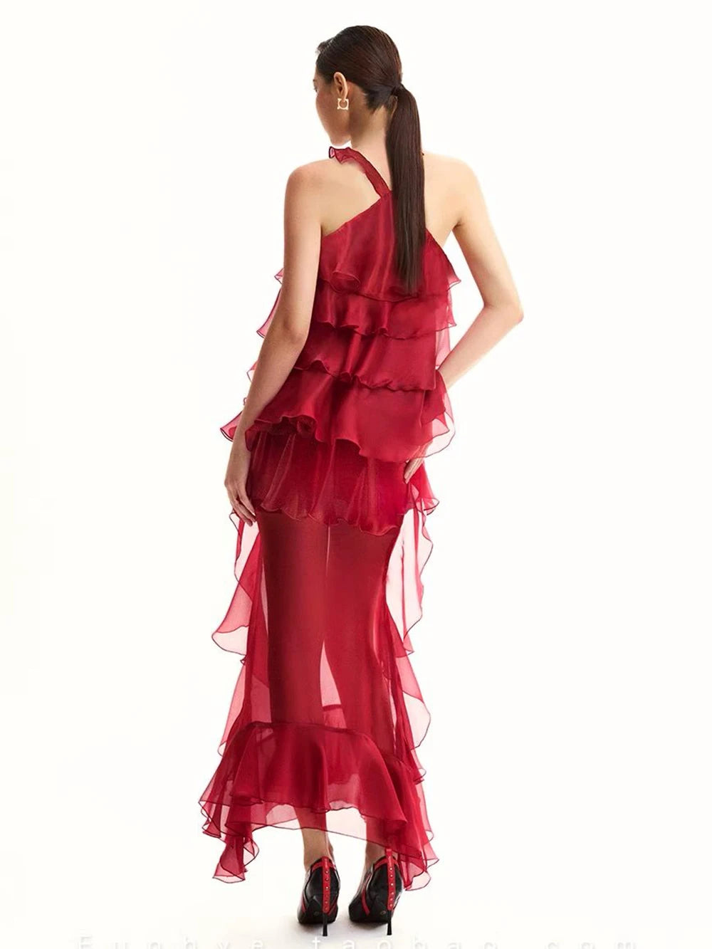 Women Gauze Perspective Irregular Elegant Long Party Dress New Ruffles Sleeveless Fashion Tide Summer 2025