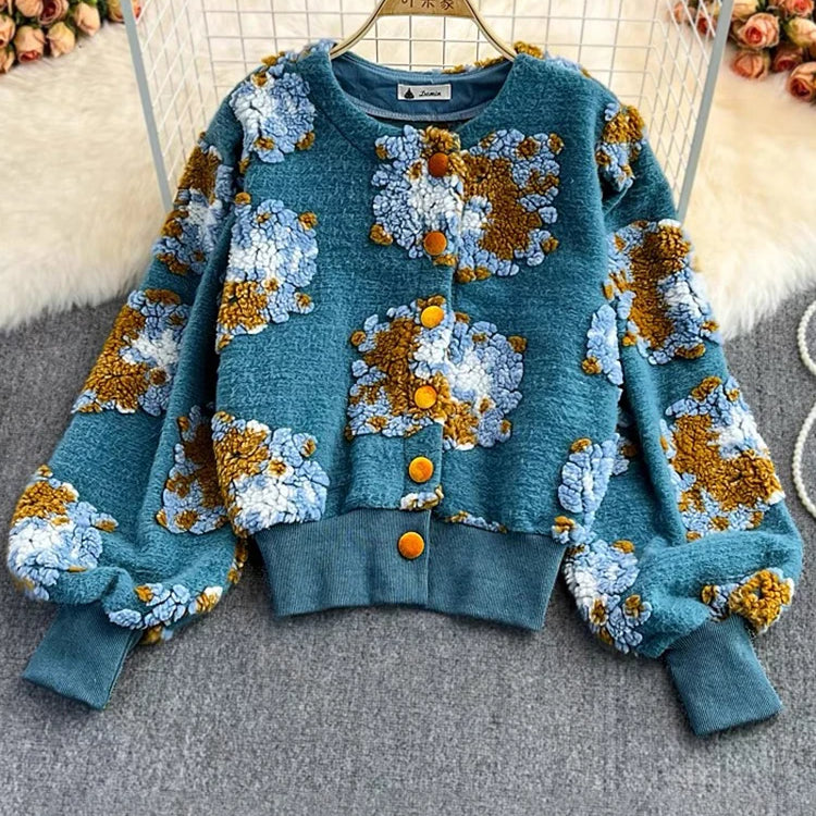 Sweet Long Sleeve Single Breasted Short Jacket Retro Three-dimensional Flower O Neck Clothing Winter 6 Color Coat