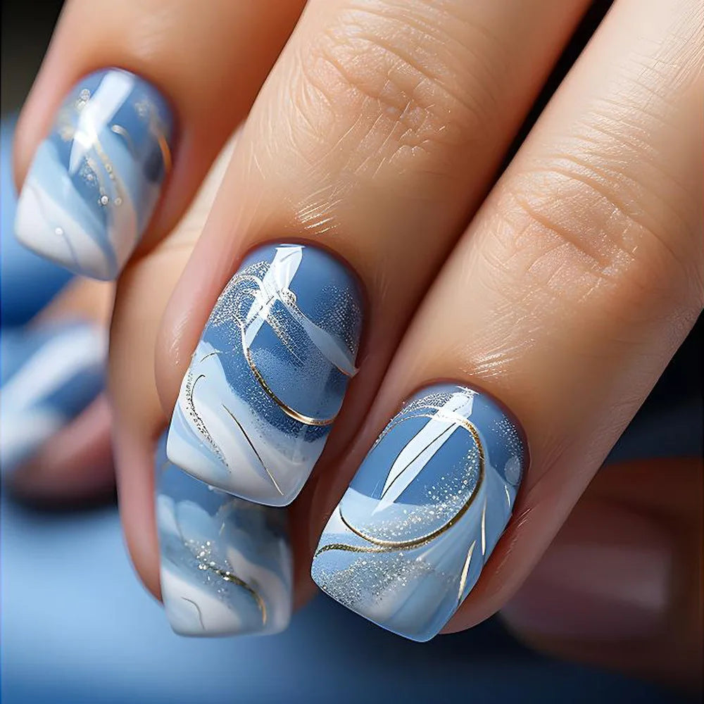 24Pcs Fashion Gradient Blue Fake Nail with Jelly Glue Wearable Short Square Head False Nails Finished Nail Tips Press on Nails