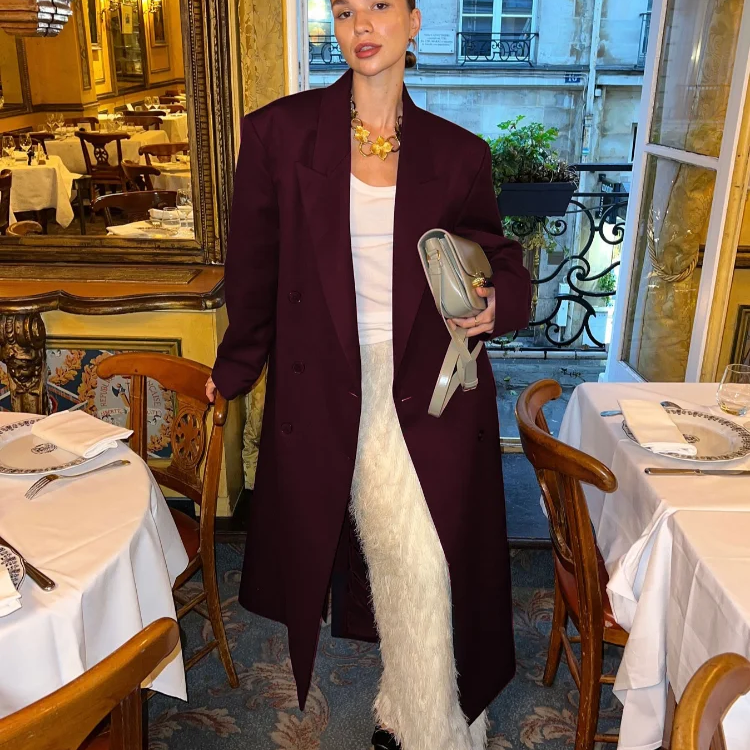 Fashion Burgundy Red Double Breasted Oversized Overcoat Women Casual Lapel Pockets Long Sleeve Coats Female High Streetwear