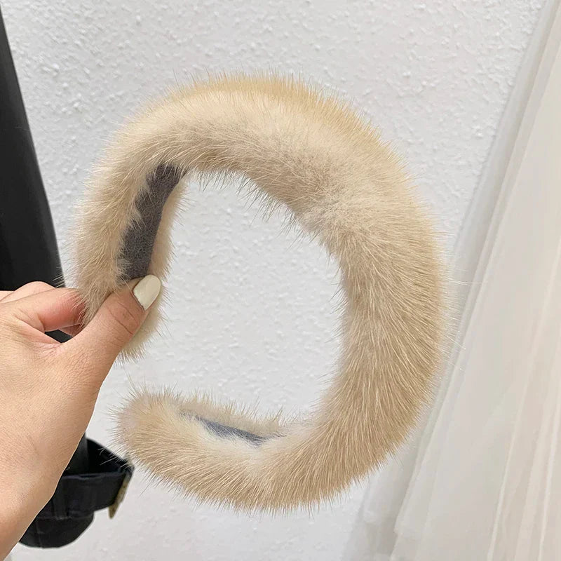 Hot Sale Women Luxury winter 100% Real Mink Fur Headbands High Quality Real Fur Hair Band Lady Fashion Hair Hoop Furry Gift Beige yellow