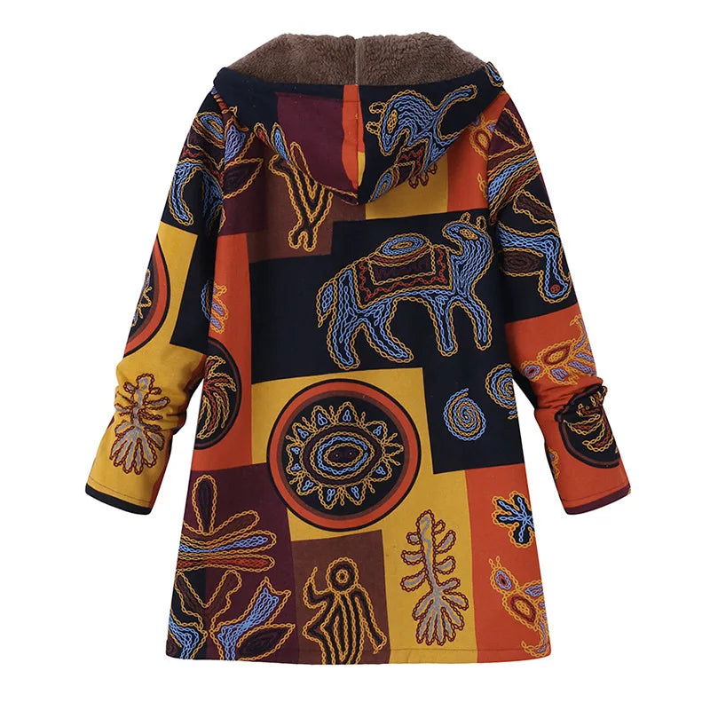Printed Hooded Long Sleeve Coat Oversized Vintage Women Autumn Winter Warm Plush Jacket Casual Ladies Clothes I