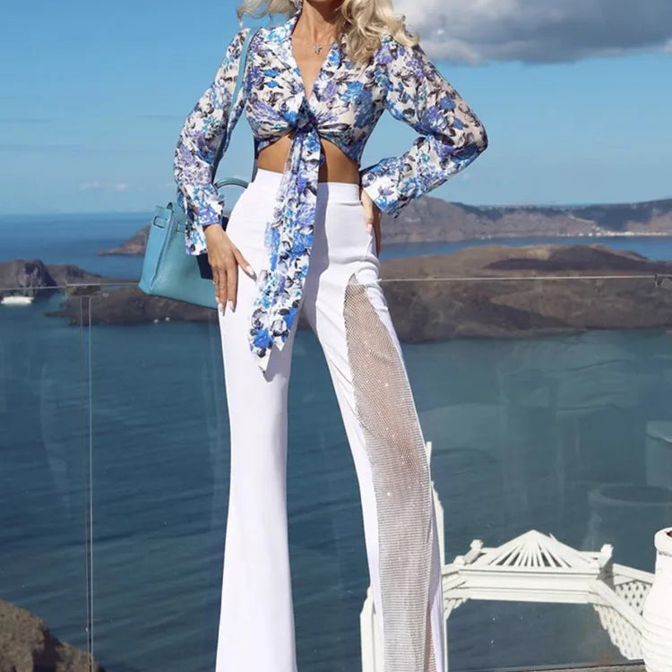 Calça feminina de verão, preta, vermelha e branca, com faixa de rayon, sexy, perna larga, fashion, com buracos de diamante, para celebridades, calça comprida