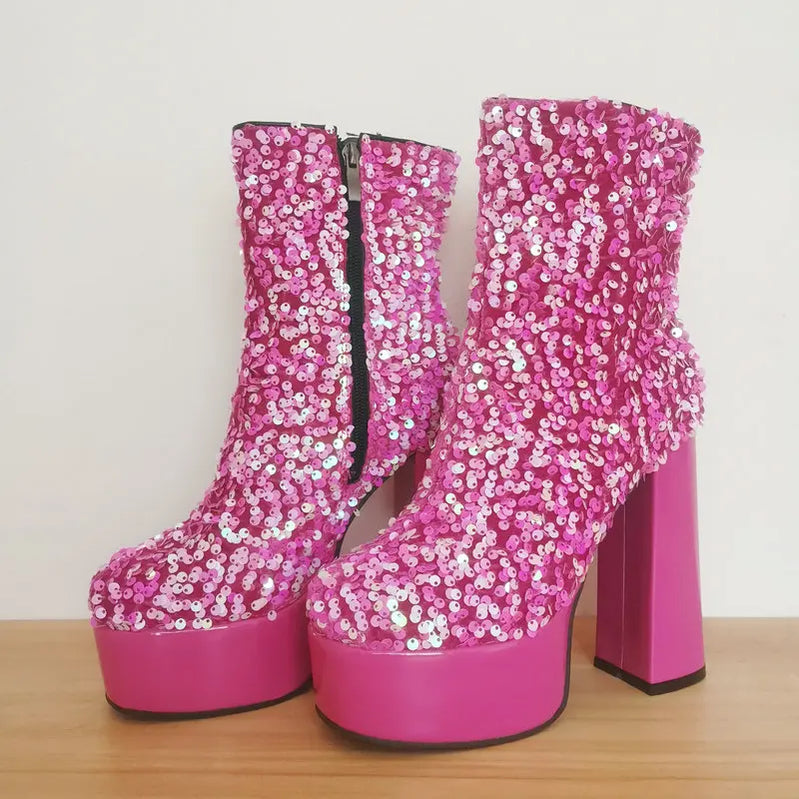 New Fashion Sequined Women Boots Platform Square High Heel Ankle Boots Autumn Winter Female Punk Boots Purple Blue Pink Gold