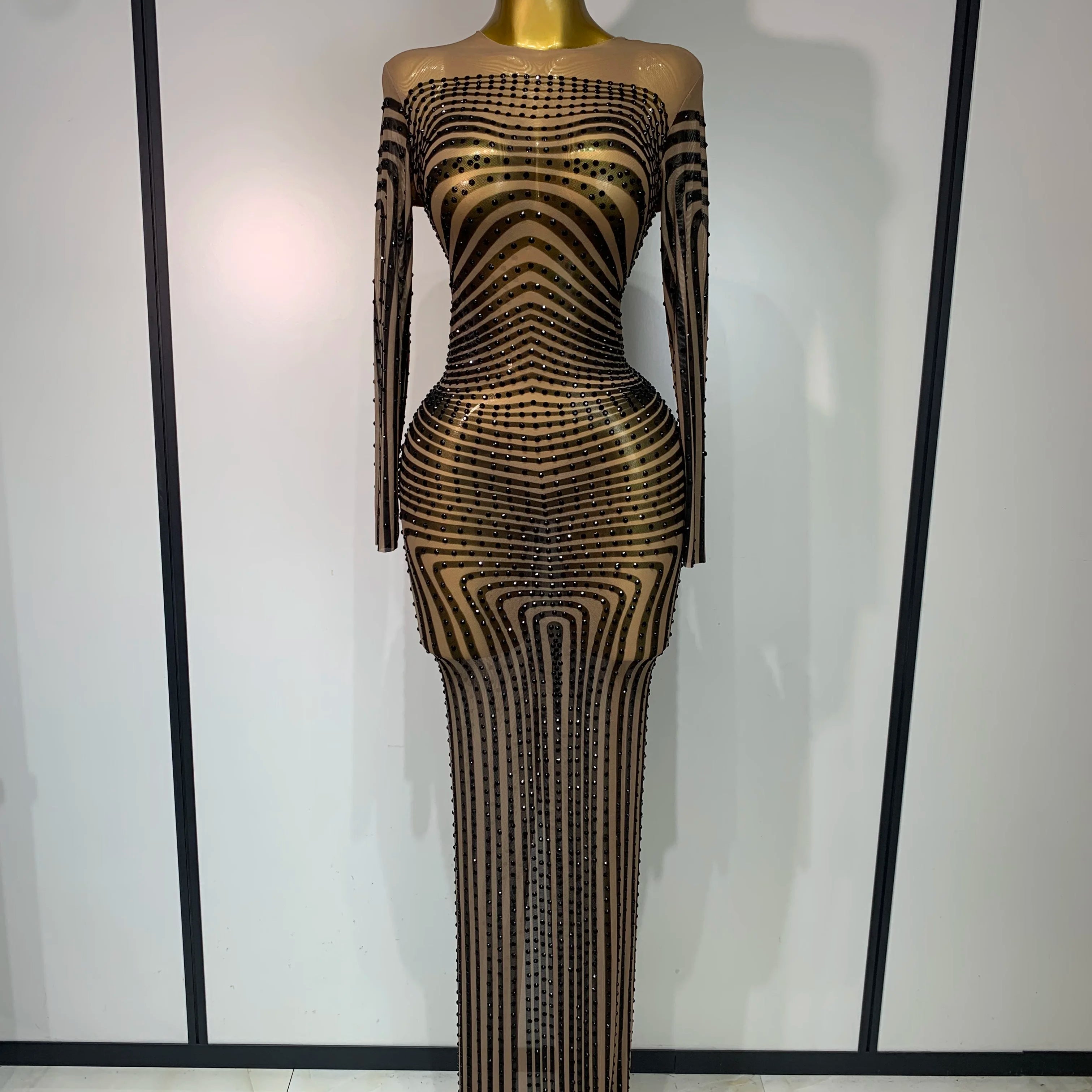 Women Sexy Mesh Perspective Shiny Diamond Dinner Dress Elegant Celebrity Evrning Party BirthdayDress Singer Stage Outfit