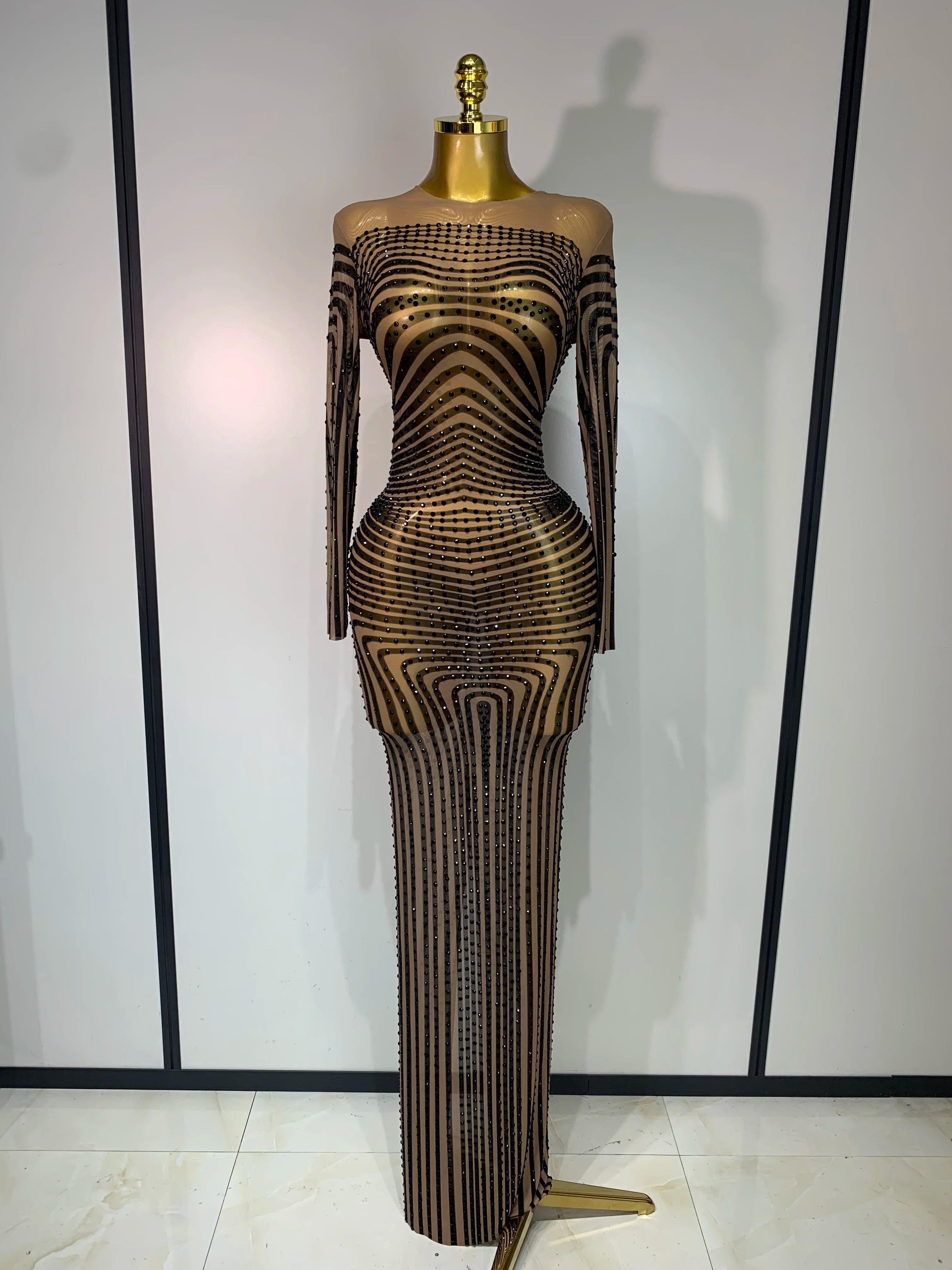 Women Sexy Mesh Perspective Shiny Diamond Dinner Dress Elegant Celebrity Evrning Party BirthdayDress Singer Stage Outfit