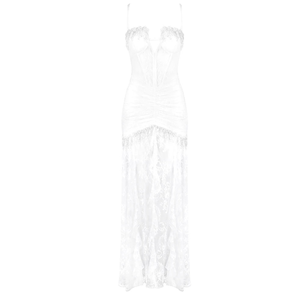 VC Dreamy White Strappy Corset Lace Transparent Wedding Long Dress Party Evening Gown