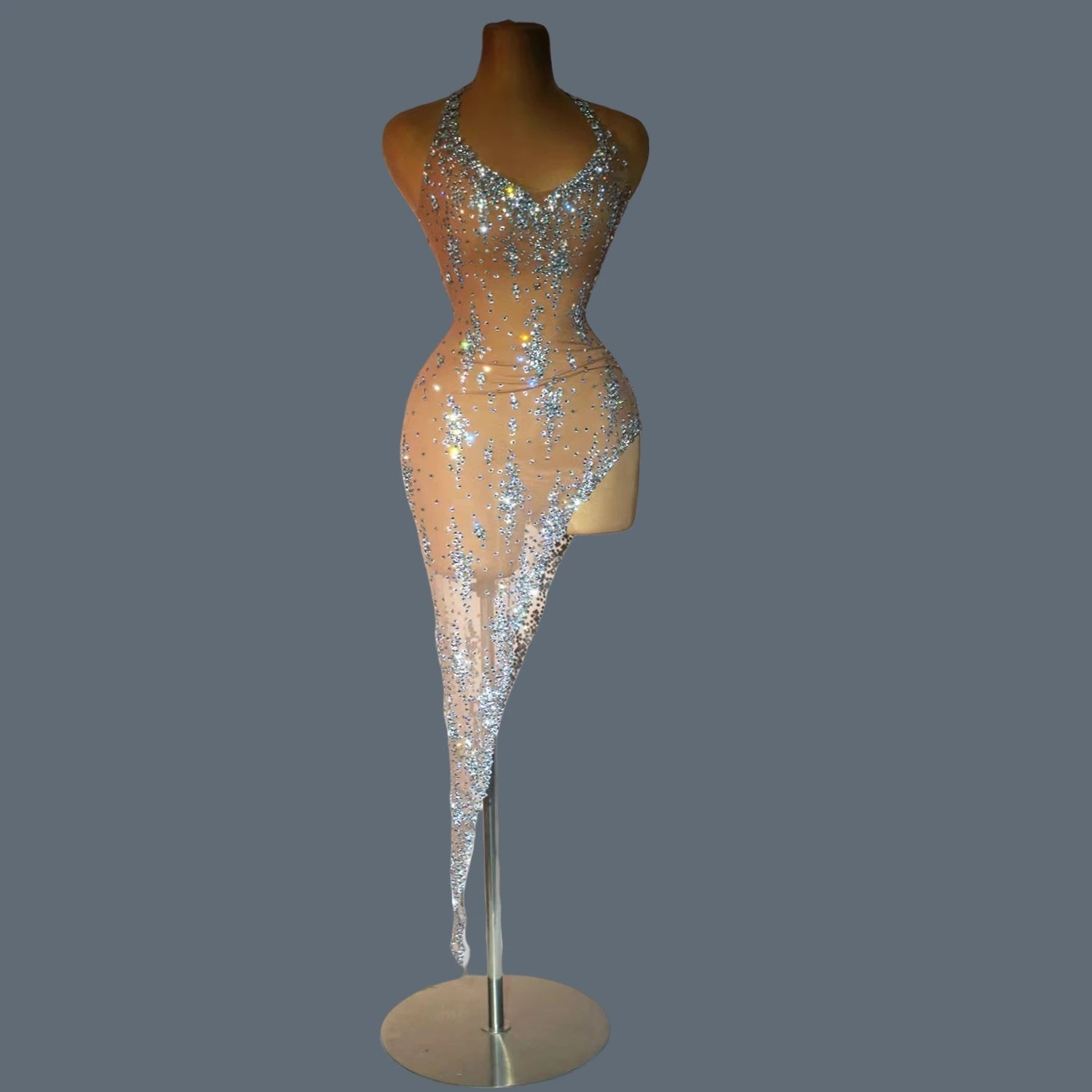 Nightclub Mini Dress Singer Stage Performance Wear Bar Party Asymmetrical Dress Sparkly Rhinestones Sleeveless Mesh Dress Xinghe