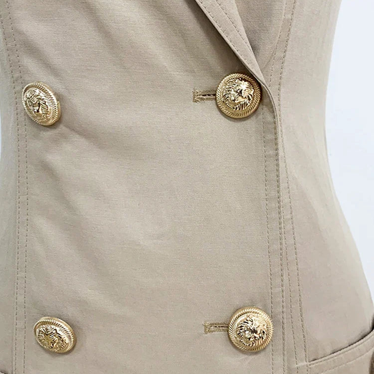 Top Quality Newest Stylish Summer Designer Women's Sleeveless Notched Collar Double Breasted Lion Buttons Mini Cotton Dres