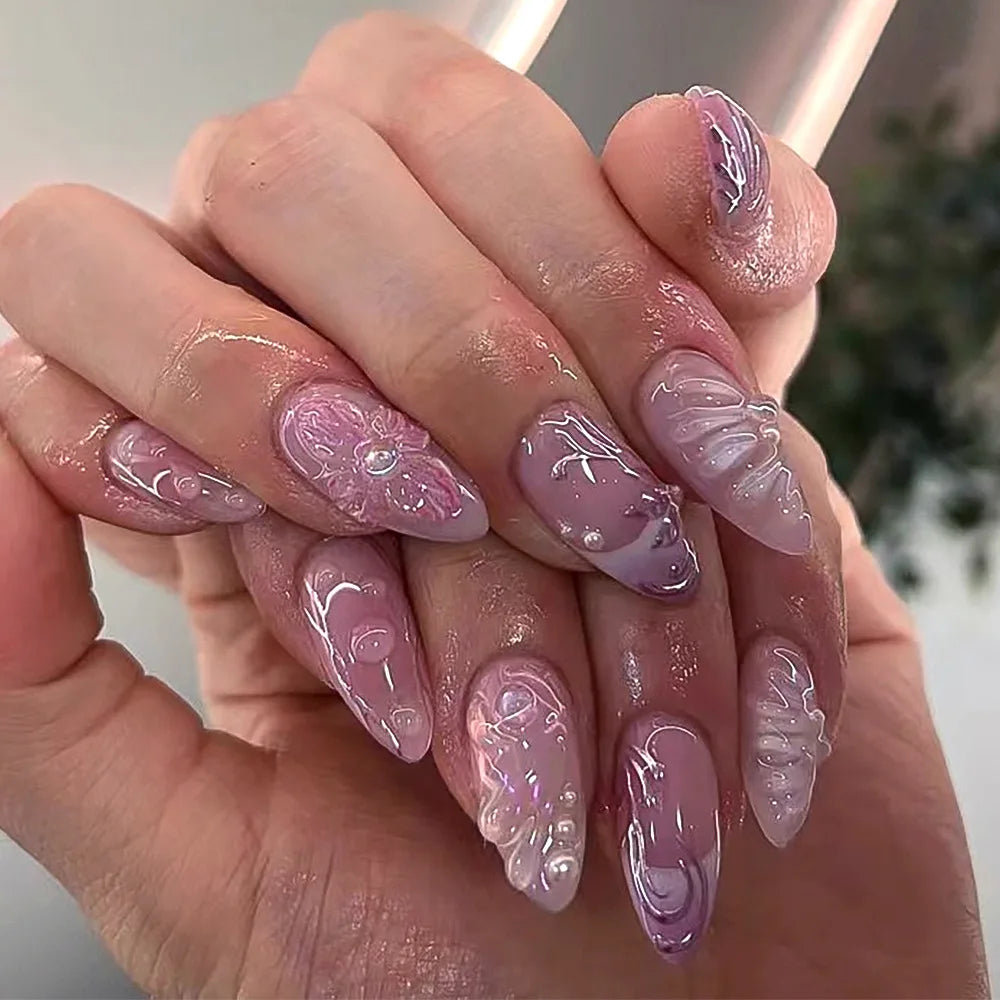 24Pcs Mid-length Almond Fake Nail Tips Pink French 3D Press on False Nails with Bow Design Wearable Oval Head Manicure Art