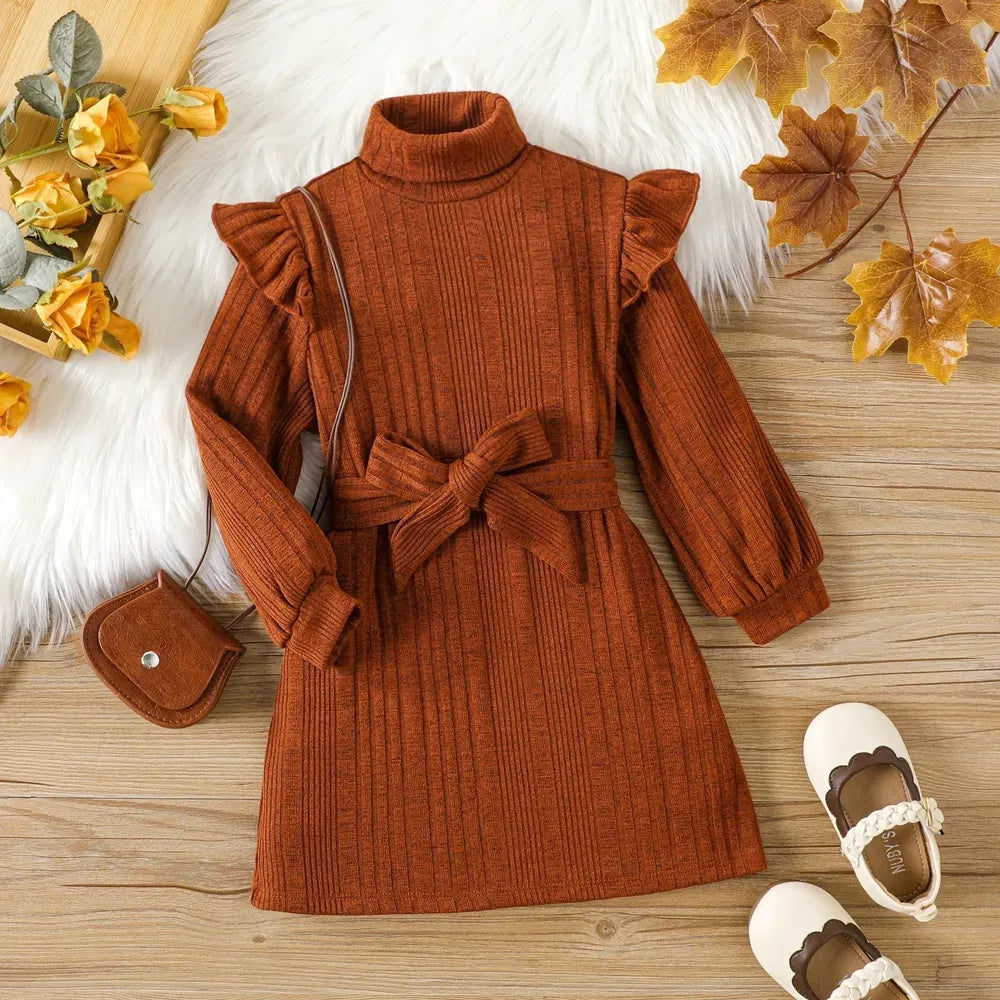 Girls' Woolen Dress New Children's Autumn Winter New High Neck Flying Sleeve Lace up Knitted Long Sleeve Dress