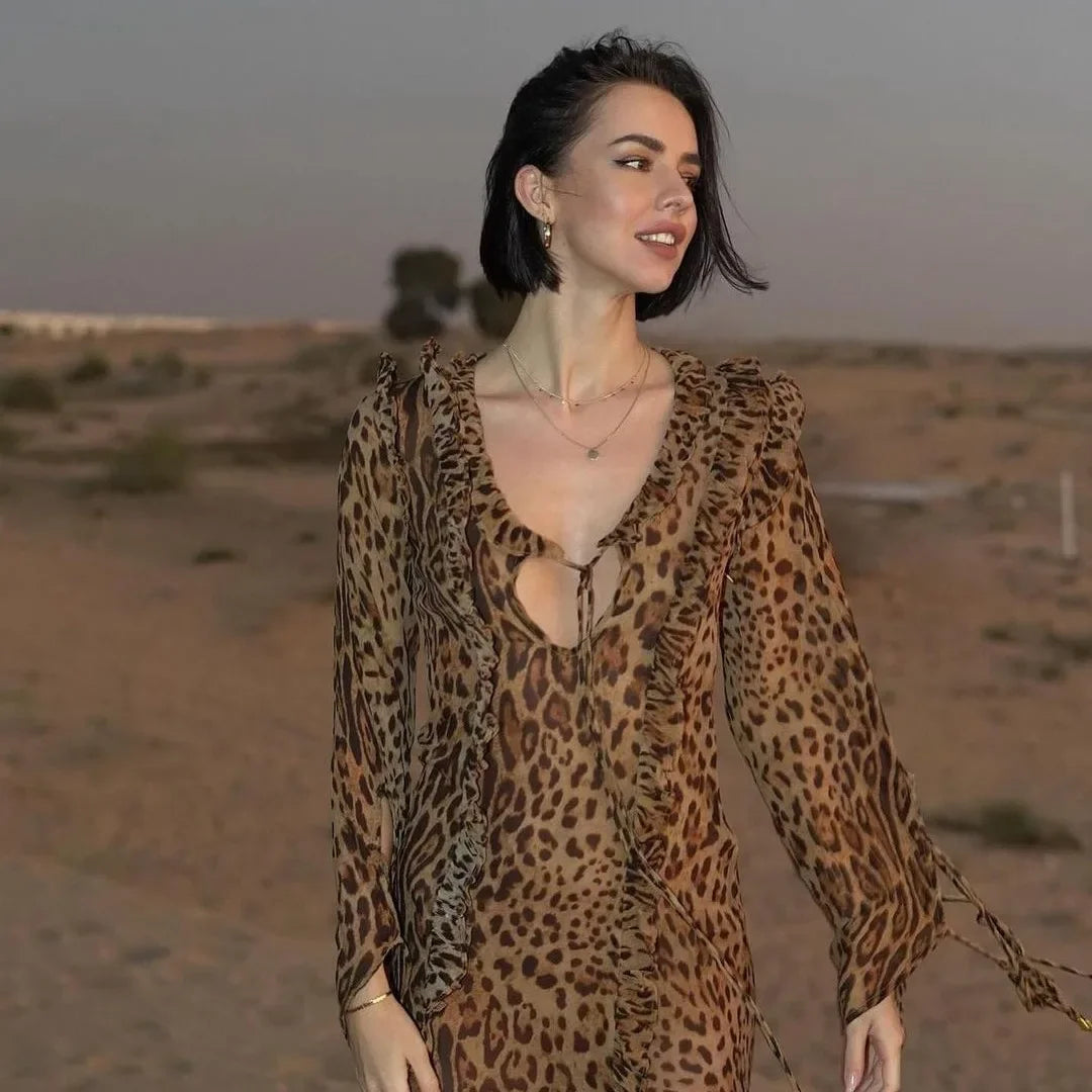 Leopard Ruffle Split Dress Women Spring Summer Sexy Lace Up V Neck Long Sleeve Bodycon Maxi Dresses Female Party Club Vestidos