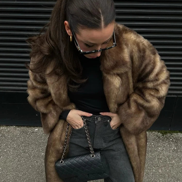 Women Retro Luxury Faux Fur Coat Fashion Lapel Single Breasted Long Sleeve Pockets Jacket Winter Plush Warm High Street Outwear