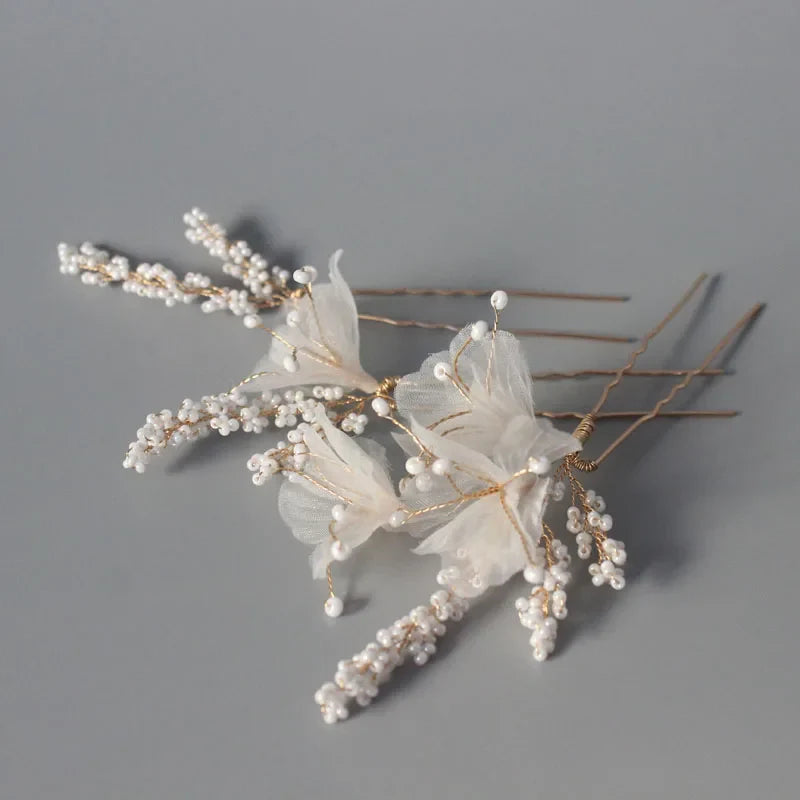 Fabric Floral Bridal Hair Pins Clips Gold Color Pearls Wedding Hair Pieces Women Accessories Handmade