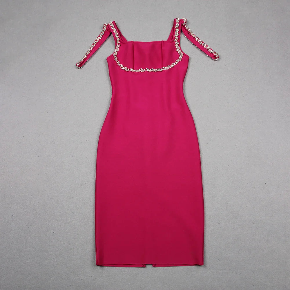 Factory Wholesale Women's Rose Red Spaghetti Strap Diamond Tight Sexy Celebrity Cocktail Party Bandage Dress