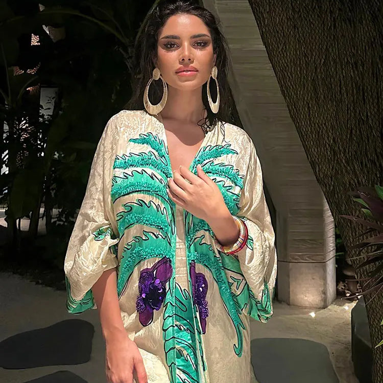 Fashion Spring Print V Neck Contrast Maxi Dress Women Chic Slim Fit Long Sleeve Vestidos Lady Elegant Vacation Streetwear