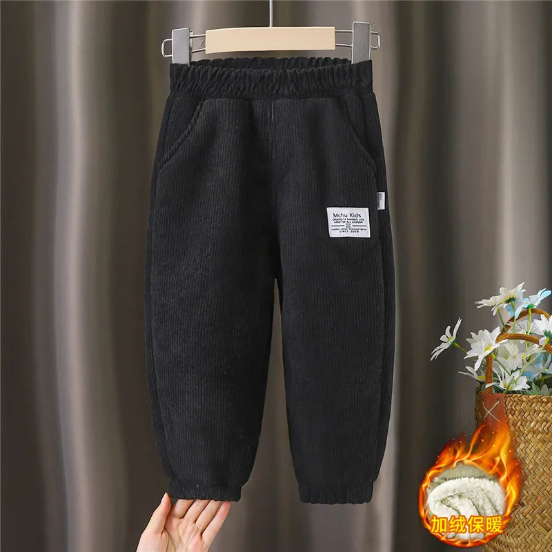 Winter Boys Thick Pants Kids Plus Velvet Warm Trousers Children Padded Cotton Long Pants Autumn Casual Sports Pants 2-12Y Black