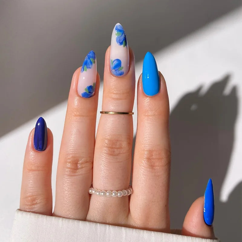 24Pcs Long French Almond Nails Set Press on Simple White Edge Design Fake Nails for Woman Detachable Full Cover False Nails Tips