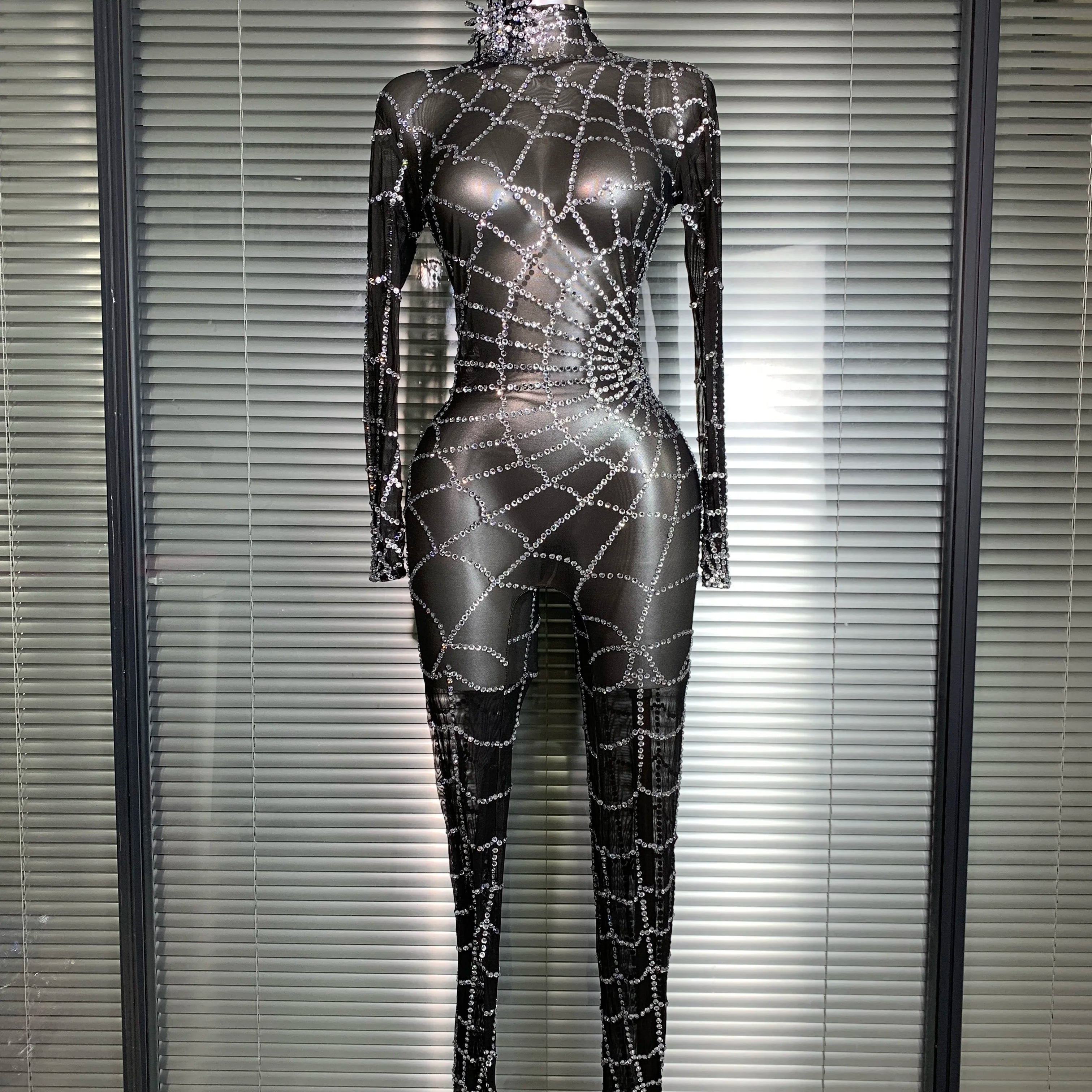 Summer New 2025 Women Sexy Crystal Sheer Black Long Sleeve Bodycon Jumpsuit Celebrity Designer Dancer Night Club Rompers