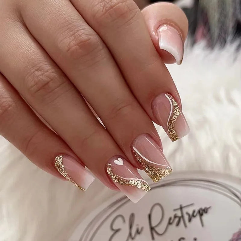 24pcs/set short Medium square fake nails for women gradient nude pink flowers french almond summer tips press on false nail art