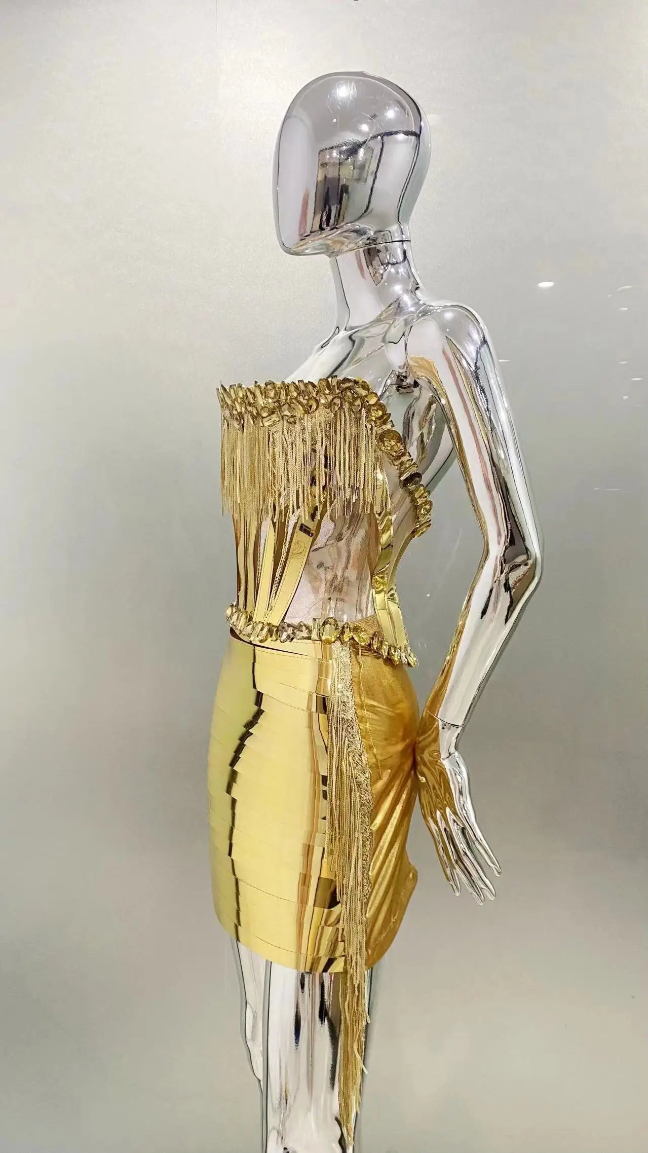 Gold Color Women Sexy Strapless Shinning Crystal 2 Pieces Bodycon Mini Dress Nightclub Party Performance Costume Birthday Dress