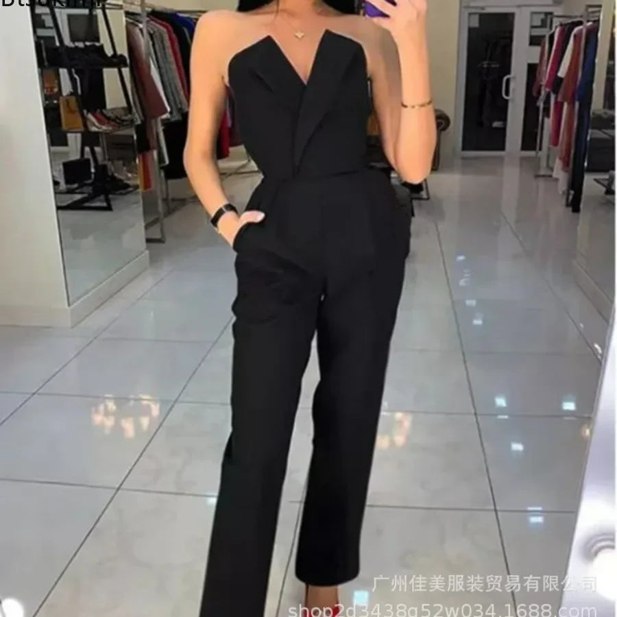 Women's Elegant Jumpsuits Solid Off Shoulder Sexy Club Jumpsuit Female Sleeveless High Waist Slim Wide Leg Jumpsuit Pants