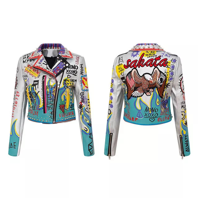 Spring Skull Pattern Graffiti Short Leather Jackets For Punk Women Rivet Slim Streetwear Motorcycle Jackets Coat 4