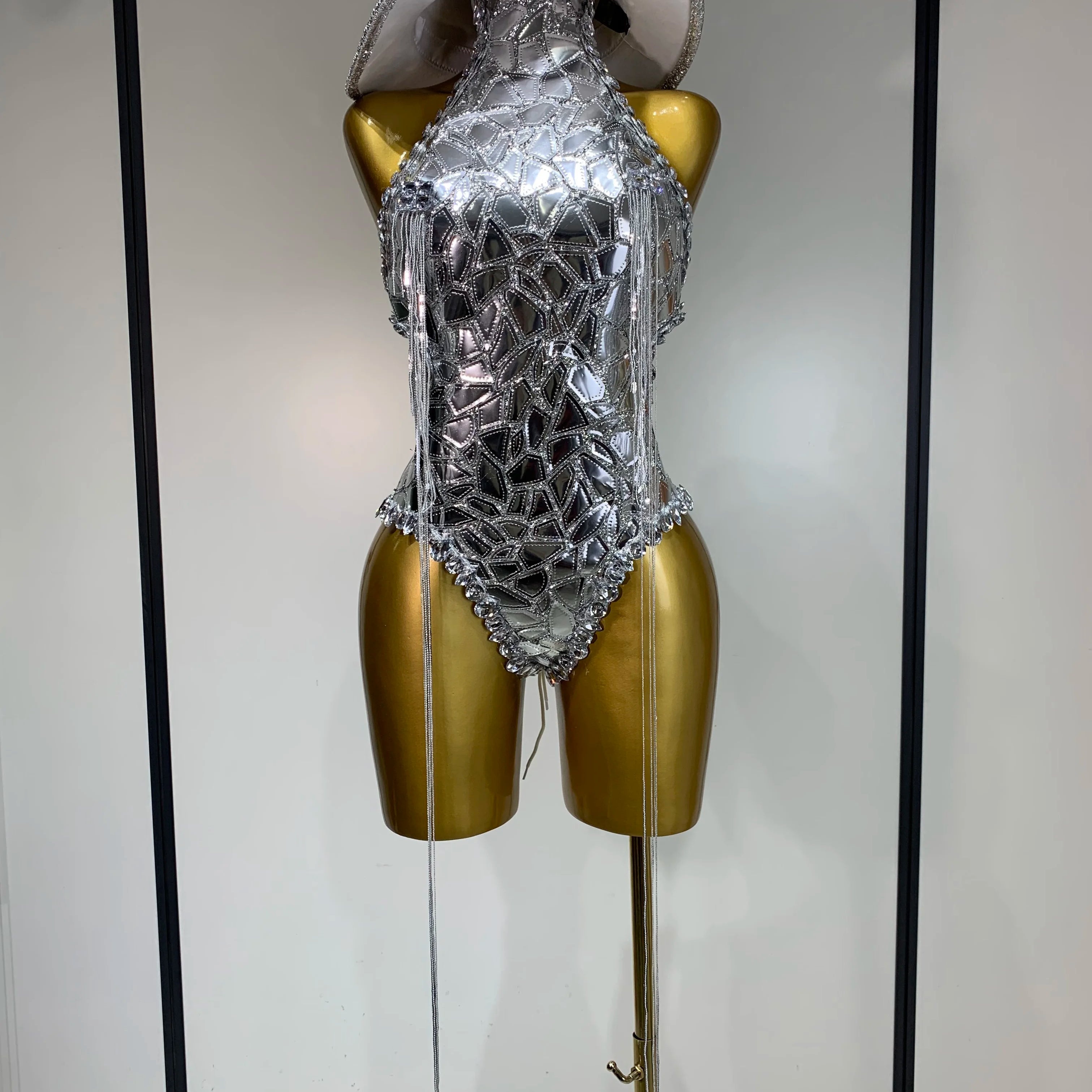 Sprakly Silver Bodysuit Sexy Two Pieces Outfit Dancer Birthday Evening Party Celebrate Performance Singer Stage Perform Outfit