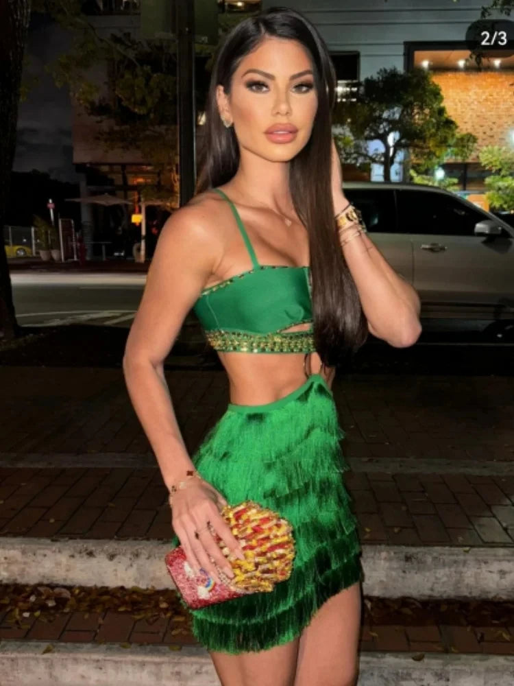 STOCK Stylish Tassel Sexy Hollow Out Spaghetti Strap Mini EvenDress Summer Holiday Vocation Vestido Music festival Outfit