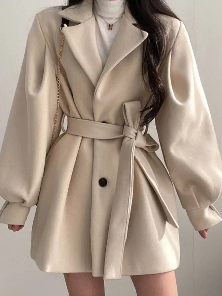 Thick Female Trench Warm Jackets Turn-down Collar Long Puff Sleeve Clothes Autumn Elegant Belt Coat Women Chic Midi Top
