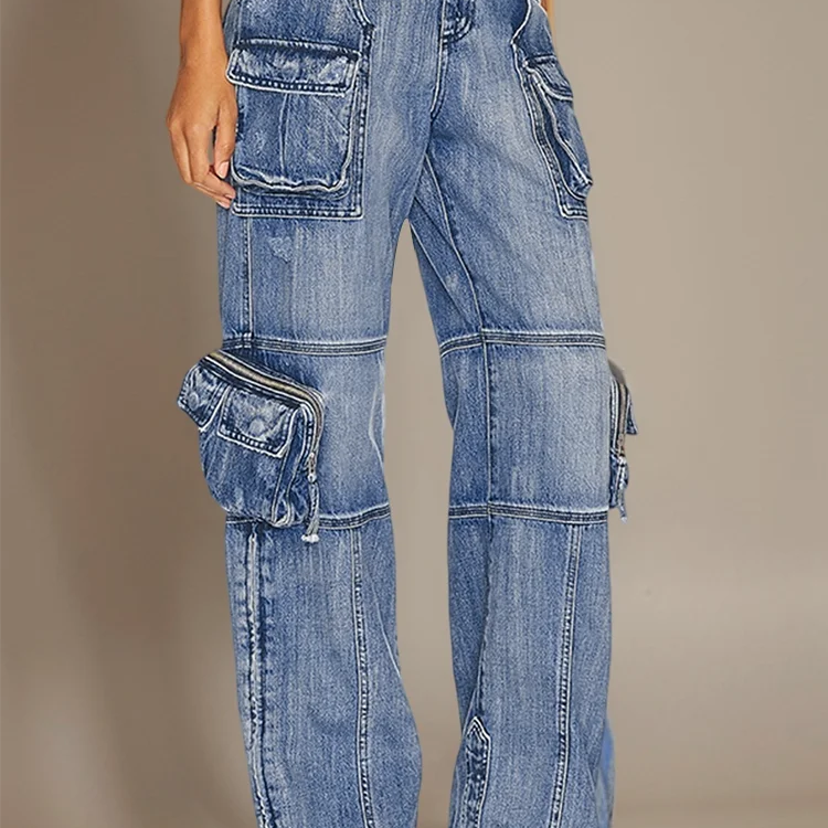 Solid Patchwork Pockets Casual Denim Trousers For Women High Waist Spliced Button Streetwear Loose Cargo Jeans Female New